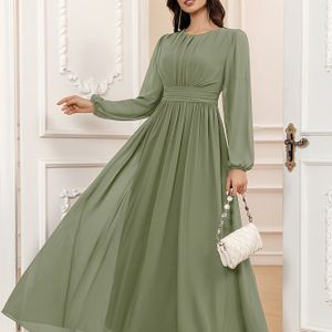 VT TOYCH Elegante A-lijn Vloerlange Chiffon Bruidsmeisjesjurk met Pofmouwen & Borstvolant - Groene Formele Trouwjurk, Ronde Hals A-lijn Sleep voor Gala, Speciale Gelegenheden (Zonder Vulling)