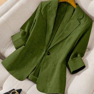 Dames' Groene Elegante Casual Blazer met Zakken, -Quarter Mouwen, Kragen, En Gebonden aan de Taille [LL169]