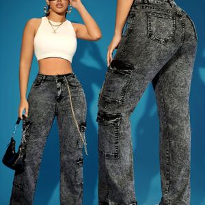 Vrouwen's High-Waist Wijde Denim Jeans met Meerdere Zakken - Vintage Stijl, Rekbare Stof, Knoopsluiting, Casual Weekendkleding, , Comfortabele Schoenen