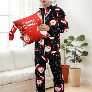 Pluche Kerst Pyjama Set Voor Heren - Festieve Kerstman & Gemberbrood Ontwerp, Comfortabele Hooded Pyjama Met Ritssluiting, Perfect Voor Kerstfeesten, Kerst Pyjama's