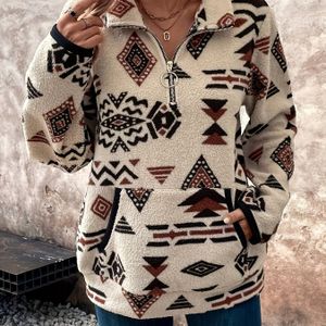 Vrouwen's Elegante Tribal Print Fleece-gevoerde Hoodie met Rits - Zachte Warme Sweatshirt, 100% Polyester Machinewasbaar, Herfst Winter Trui