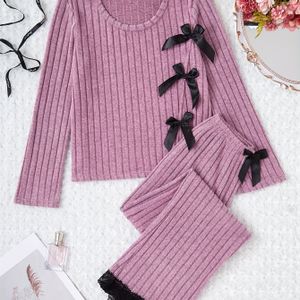 Pyjamaset voor Dames met Strikdecoratie en Getextureerde Geribbelde Lange Mouwen Broek