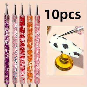 10-delige Nail Art Penseel Set met Dubbelzijdige Handgreep & Penseels - (Roze, Groen, , Oranje, Rood, Geel, ) voor Acryl
