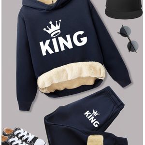 2 stuks Jongens Fleece-gevoerde Dikke Warme Hoodie + Broek Set, Stijlvolle Letterprint Winter Comfortabele Sportkleding Outfit voor Kinderen Casual Vrijetijdskleding, Dekentrui voor Kinderen
