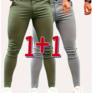 2 stks Heren Slim-Fit Stretch Dress Broek - Lengte, Knoopsluiting, Kleur (Olijfgroen & Lichtgrijs) voor Casual & Formele Kleding, , Formele Kleding, Minimalistische Stijl, Gladde Textuur