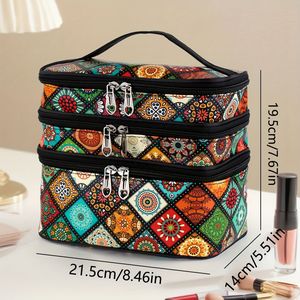 Bohemian Stijl Make-up Tas - Meerlaagse Cosmetica Organizer met Ritssluiting, Duurzaam Synthetisch, Levendige Geometrische Patronen, Draagbaar Voor Thuis, Reizen & Dagelijks Gebruik