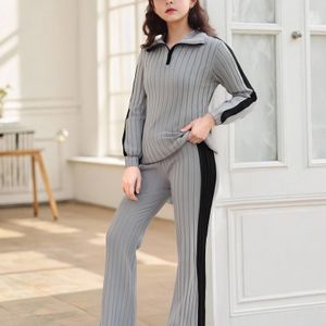 Meisjes Tweedelige Set: Modieuze Hoge Hals Rits en Lange Mouwen Gebreide Top + Gestreepte Losse Enkellange Broek, Herfst Casual Outfit, Perfect voor Buiten