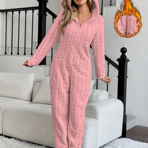 Vrouwen Afslankende Hooded Zippered Pluche Jumpsuit - Warm Polyester, Kleur, Machinewasbaar, Vrijetijdsstijl, ALL//All