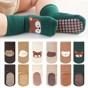 6 Paar Jongens Meisjes -Slip Eerste Stap Sokken - Schattige Vos & Beer Dierenpatronen, All-Seizoen - Antislip , Zachte Vloer voor Leren , Meerkleurig (Groen, Beige, , Roze, Zwart)