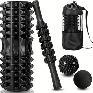 4-in-1 Zwarte Schuimroller & Massagestok Set met 2 Massagelballetjes en een Massage Roller Stok voor Fitness, Yoga, Ontspanning en Pilates