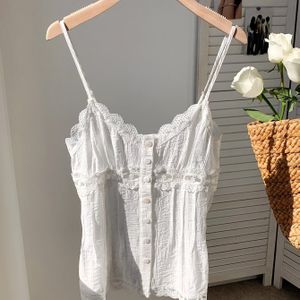 Elegant White Lace-trimmed Spaghetti Strap Top For Women - V-neck, Sleeveless, Rayon, Spring/summer, Versatile Spaghetti Strap Blouse | Elegant Spaghetti Strap Top | Lace Detailing