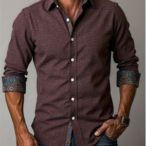 Herenslimfit bruine overhemd - Casual lange mouw met decoratieve knopen, lichtgewicht polyester, zakelijke casual kleding, alle seizoenen, casual wear | Knopenoverhemd | Gepaste Fi
