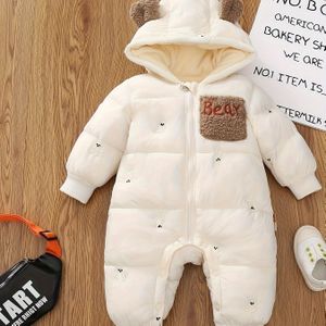 Baby's schattige polyester romper met borduurwerk, pasvorm, geweven stof, met ritsdetail, voor herfst/winter warme fleece gevoerde sneeuwpak, voor buiten