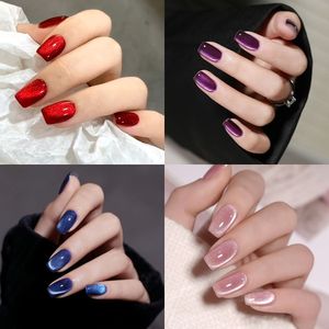 4 Doosjes (96st) Glanzende Korte Vierkante Nagels Rood Nude Rozeblauw Eye Nepnagels Volledige Bedekking Herbruikbare Kunstnagels voor Dames