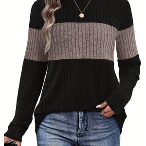 Vrouwen Mode Casual Losse Basis Pullover Trui met Ronde Hals en Kleurblok Lange Mouw