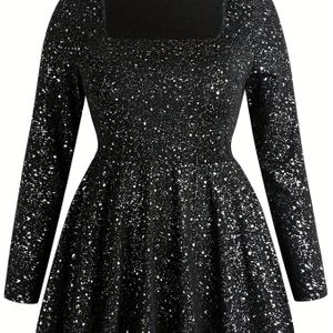 Dames Elegante Mode Gebreide Top, Lange Mouw, Gouden Geborduurde Vierkante Hals, Polyester, Stretchstof, Kleur, Alle Seizoenen, Plus Size T-Shirt