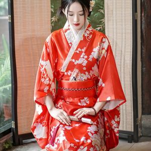 Bloemenprint Wrap Belt Kimono, Japanse Traditionele Lange Mouw Mid Calf Kimono, Dameskleding