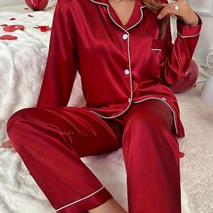 Comfortabele Satijnen Lounge Set, Top Met Lange Mouwen En Knopen En Elastische Broek, Dames Loungewear