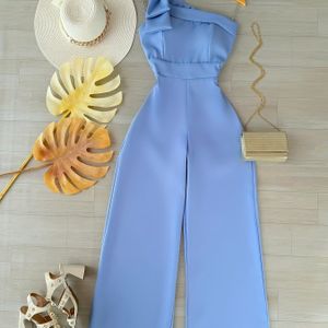 Lichtblauwe Een-Schouder Strik Wijdpijp Jumpsuit, Zomerse Elegante Vakantie Nieuwe Trend ZLLZ