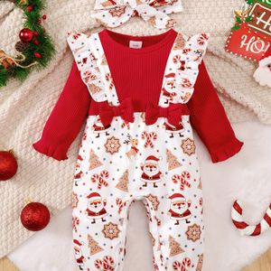 BROWNBARK Baby Meisje Santa Gezicht & Print Romper met Haarband - Winter Kerstoutfit, Snapback Jumpsuit voor Fotoshoots, Wasmachinebestendige Kleding, Perfect voor Buiten