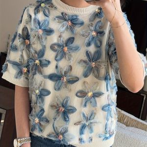 Elegante handgemaakte bloemenpullover met contrasterende kantdetail - Gezellige meshbloemontwerp, ronde hals, alle seizoenen, 3--stijl, casual wear | Bloemenpatroon top | Gezellige textuur