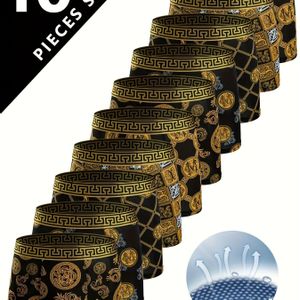 10 stuks Luxe Zwarte Gouden Print Heren Sportondergoed, Dagelijks , Casual Onderbroeken, Trendy Boxers, Modieuze Kwaliteit, Rekbare Stof, Comfortabele Pasvorm, Elastische Tailleband, Stijl
