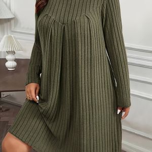 Plus Size Casual Lange Mouw T-Shirt Jurk voor Vrouwen, Ronde Hals, Kleur, Gebreide Polyester Stof met Lichte Stretch, voor Lente/Zomer/Herfst