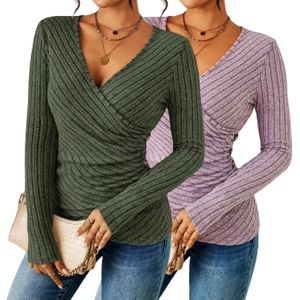 2 stuks Dames Ribbord V-hals Lange Mouw Kleur Trui Set voor Lente/Herfst