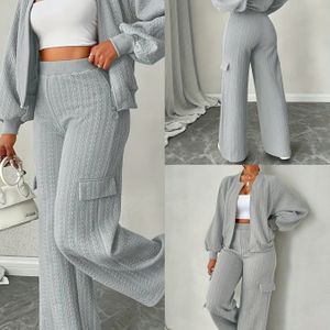 Dames Casual Eenvoudige Mode Textuur Kleur Lange Mouwen Rits Detail en Rechte Pijp Broek Tweedelig Set