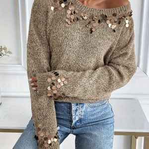 Elegante sequinsweater voor dames - Beige ronde hals met off-shoulder-design, lange mouwen en glinsterende versieringen, perfect voor herfst/winter, | Offshoulder mode | Constructie