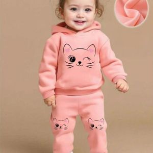 Lente en herfst stijl baby meisje cartoon print capuchon fleece lange mouw sweatshirt sweatpants schattig tweedelige set richting ontwikkeling, voor buiten