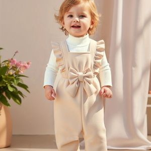 Kinderkleding Meisjeskleding Babykleding Terug naar school seizoen Cadeau Meisjes herfst en winter kleur Veelzijdige geribbelde hoge hals top met strik en mouw broek Twee- set, voor buiten