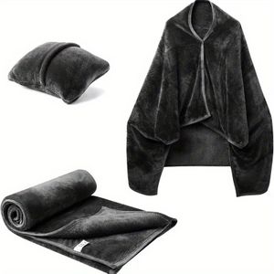 Veelzijdige Draagbare Cape-Deken met Mouwen - 2-in-1 Opvouwbare Flanellen Sjaal & Reiskussen, Perfect voor Kantoor, Thuis en Vliegreizen