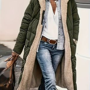 Casual Lange Damesjas met Zakken - Olijfgroene Winterkleding, Wasmachine- en Stomerijbestendig, Regular Fit Mouw Kleur Ontwerp