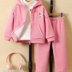 Meisjes 2-delige set, lange mouwen hoodie met schattige beer & strik print, geometrisch , elastische gebreide broek, casual polyester blend, regular fit, voor herfst/winter