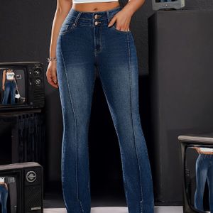 Dubbele Knopen Pintuck Rekbare Gewassen Blauwe Hoge Taille Bootcut Jeans, Dames Denim Jeans & Kleding
