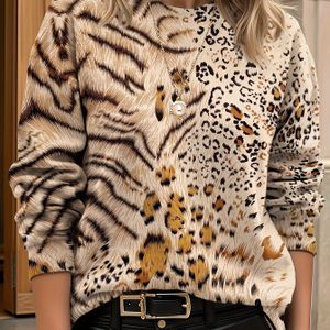 Dames Luipaardprint Trui - Beige Zwart Wit Dierenprint Lichtgewicht Crew Neck Lange Mouwen Blazer-achtig Jasje of Trui Jas, Casual Elegant Kleding, Veelzijdig voor Jeans Jurken & Kantooroutfits