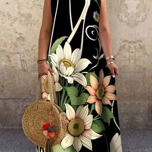 Women's Plus Size Floral Print Sleeveless Dress - Casual Tunic With Sunflower & , Lightweight Non-stretch Fabric, Spring/summer, Casual Attire|floral Print Dress|lightweight Dress