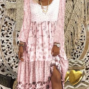 Casual Stijl Vrouwen Lange Mouw Bloemenprint Crew Hals Jurk - 100% Polyester , Comfortabele Ruime Pasvorm Dames Midi Jurk voor Alle Seizoenen