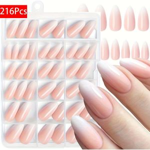 216pcs Of Press-on Medium-sized Apricot Nails, Square Fake Nails With A Glossy Finish, Featuring A Simple Natural Pink To White Gradient In Acrylic, Suitable For Women And Girls.