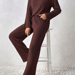 Dames Herfst/Winter Casual Set - Geribbelde Hoge Hals Lange Mouwen Top + Comfortabele Rechte Pijpen Losse Broek Tweedelige Set