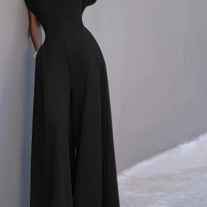 Elegante V-hals jumpsuit voor dames met wijde pijpen - zwarte casual tot formeel outfit voor lente zomer herfst, veelzijdige lange mouw jumpsuit