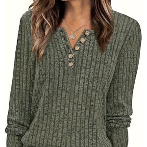 Plus Size, Elegante Slim-Fit Lange Mouw T-Shirt voor Vrouwen - Ronde Hals met Knoopdetail, Medium Stretch Wasbaar Topje voor Herfst Winter Casual & Formele Outfits