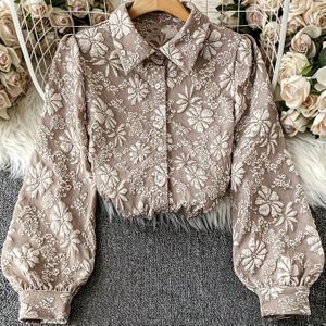 Vrouwen Elegante Bloemenblouse - Beige & Witte Blouse met Knopen, Niet-Rekbare Stof voor Formele en Alledaagse Outfits - Dameskleding