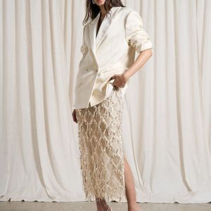 Richtinggevoelige DP021385 Witte Transparante Ruit Kwastje Pailletten Damesrok