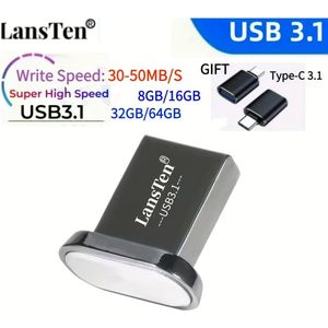 Ten Lans USB Stick 3.1 Mini Metal USB Flash Drive Modele Mobiele Opslagsschijf 8GB 16GB 32GB 64GB Schrijfsnelheid:30MB/ Drive Persoonlijke Geheugenstick met USB3.1 naar TYPE-C Adapter