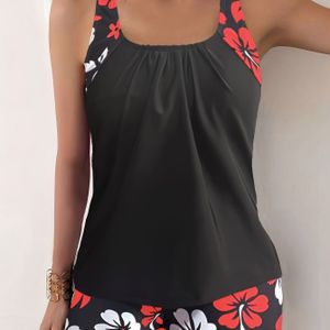 2-delige Tankini-set met bloemenprint - Zwart-wit bloemenprint, elastisch materiaal, mouwloze crop-top en shorts zwemkleding voor dames, perfect voor op het strand of bij het zwembad