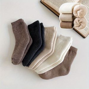 5 Trendy Ronde Sokken Voor Jongens, Ademend Warm Thermisch Wolmengsel Comfortabel Casual Stijl Unisex Sokken Voor Kinderen Buiten Winter Herfst