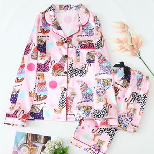 Women's Leopard Print Long Sleeve Pajama Set, Casual Lapel Collar Satin Pjs, 95% Polyester 5% Elastane, , Woven Fabric, 90gsm - Adult Animal Pattern Sleepwear
