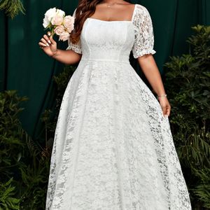 Elegante roze kanten afgezette vierkante halsjurk voor dames - Passende taille, lange mouwen, stromende stijl, perfect voor bruiloften & formeel evenementen, bruidsjurken voor